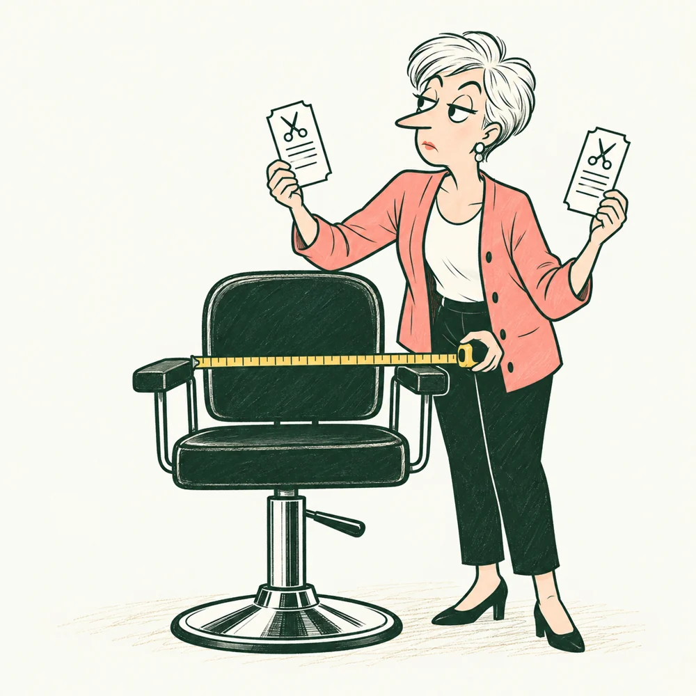 The Senior Administrator compares two booking tickets with one available studio chair.