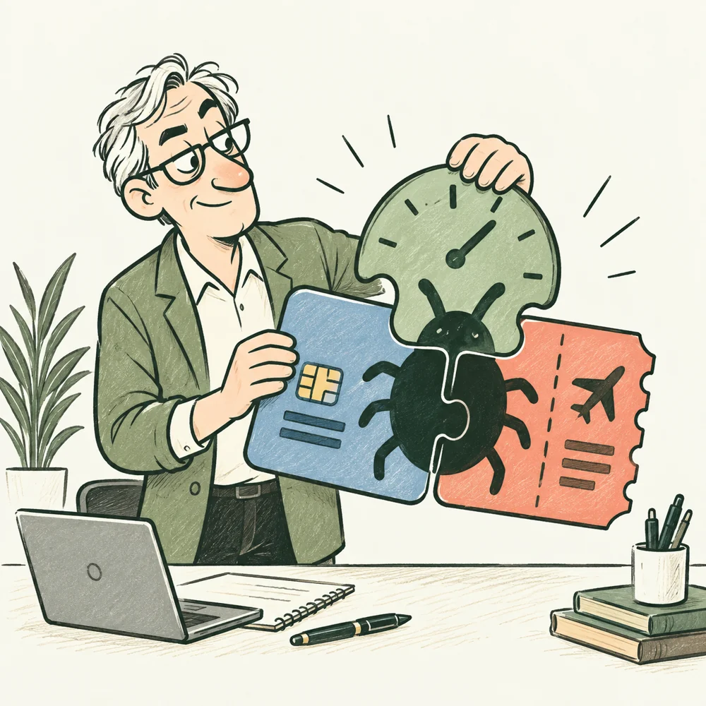 The Technical Consultant joins clock, payment, and booking puzzle pieces to reveal a bug.