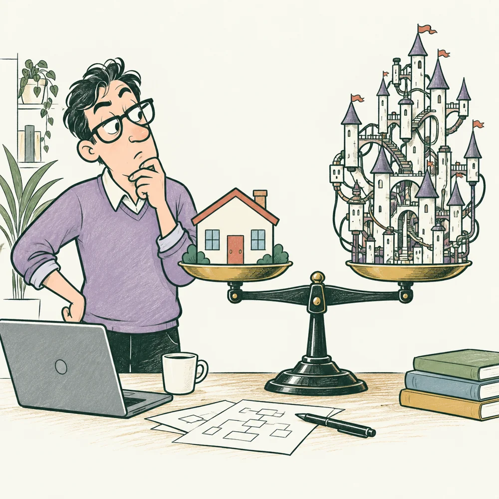 The Software Architect weighs a simple application against a complicated castle.