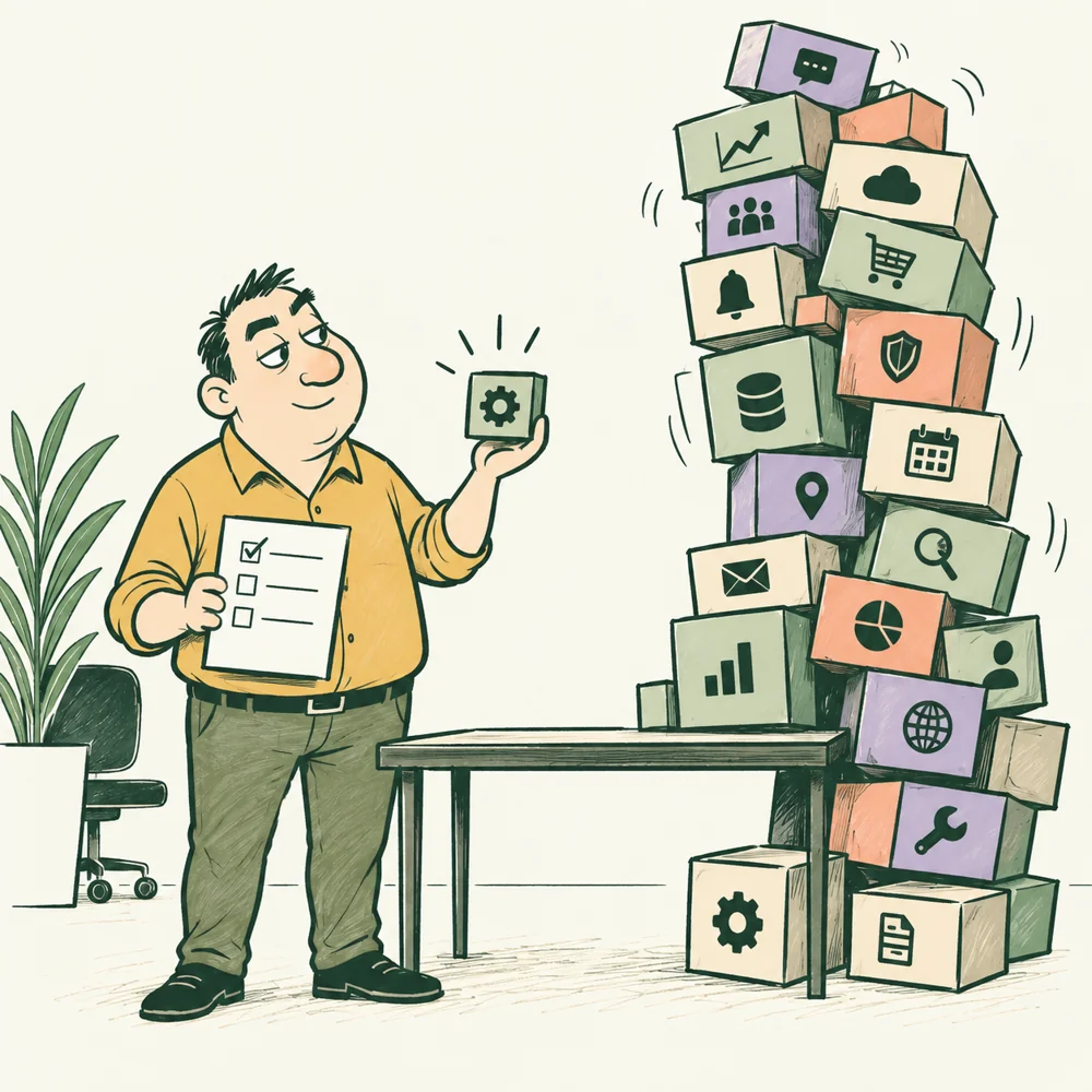 The Client chooses one useful feature beside an oversized tower of feature boxes.