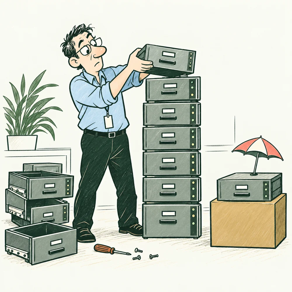 The Database Specialist rebuilds a stack of records from a spare set.