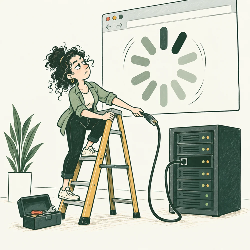 The Frontend Developer checks a giant waiting spinner and its server connection.