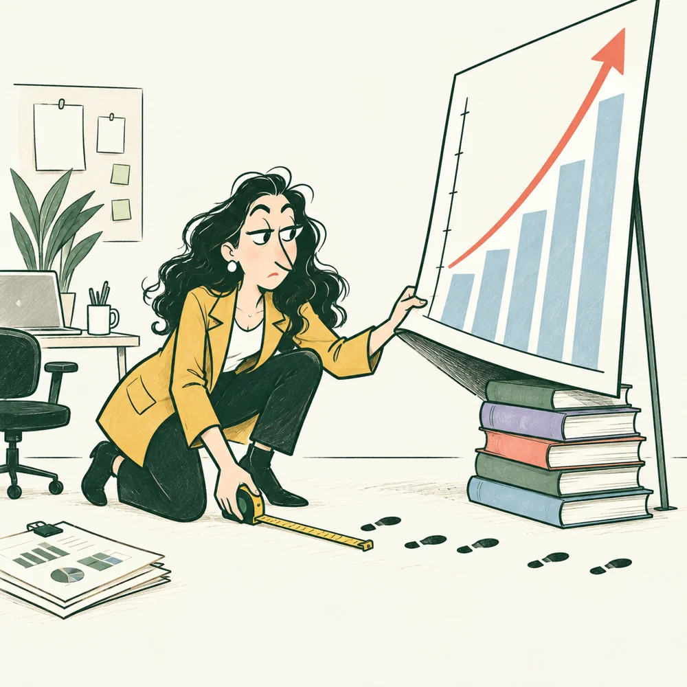 The Product Analyst compares a rising chart with actual user footprints.