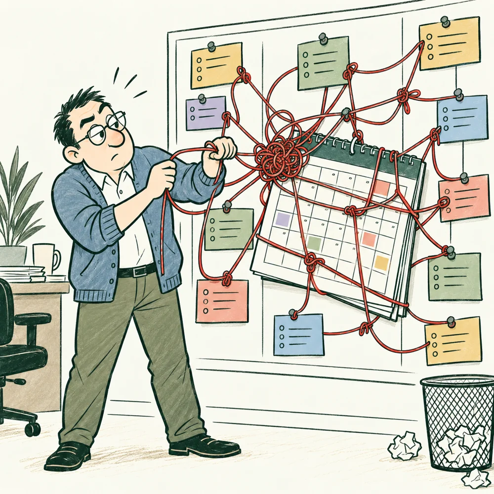 The Project Manager untangles strings connecting tasks and dates.