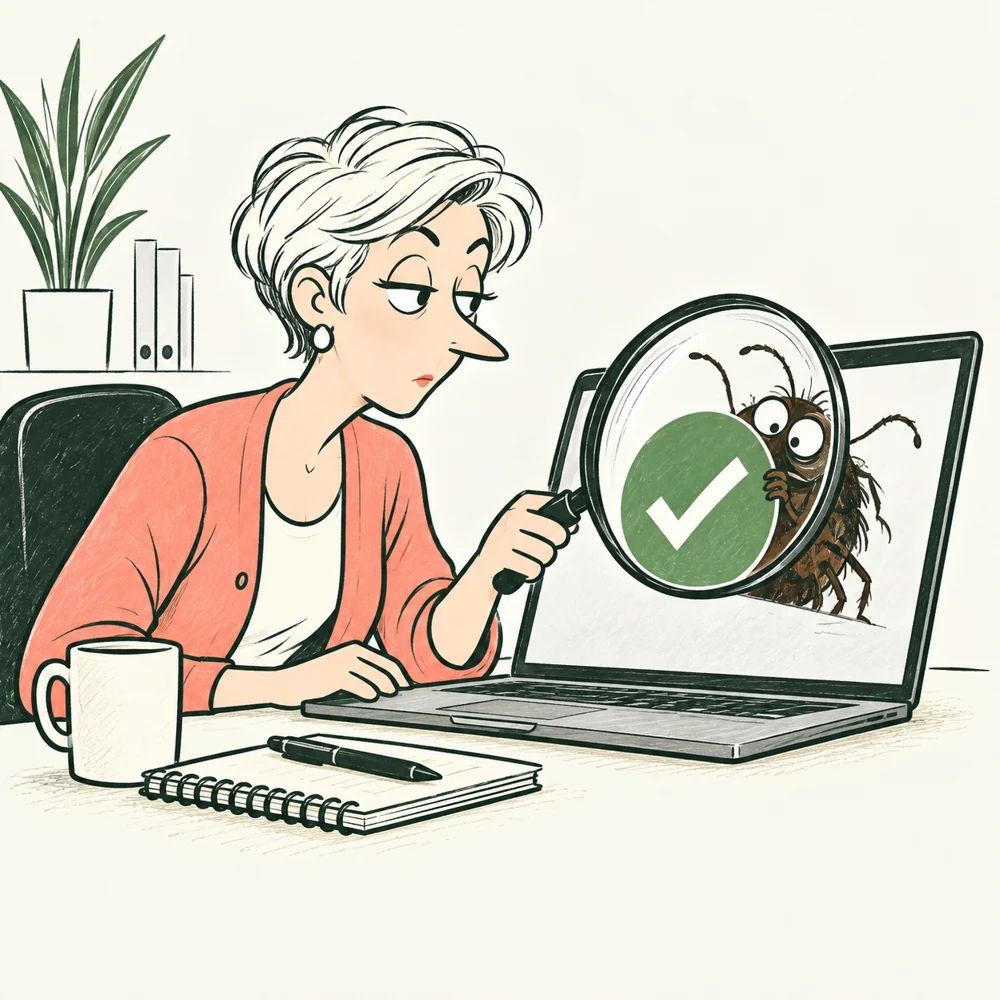 The Tester finds a beetle behind a green checkmark.