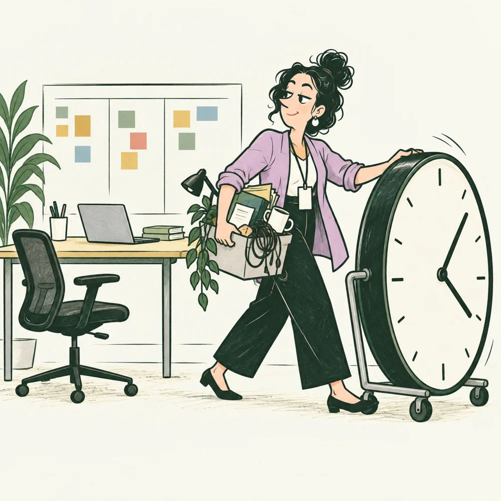 The Scrum Master removes a tangle and an oversized meeting clock from the work area.