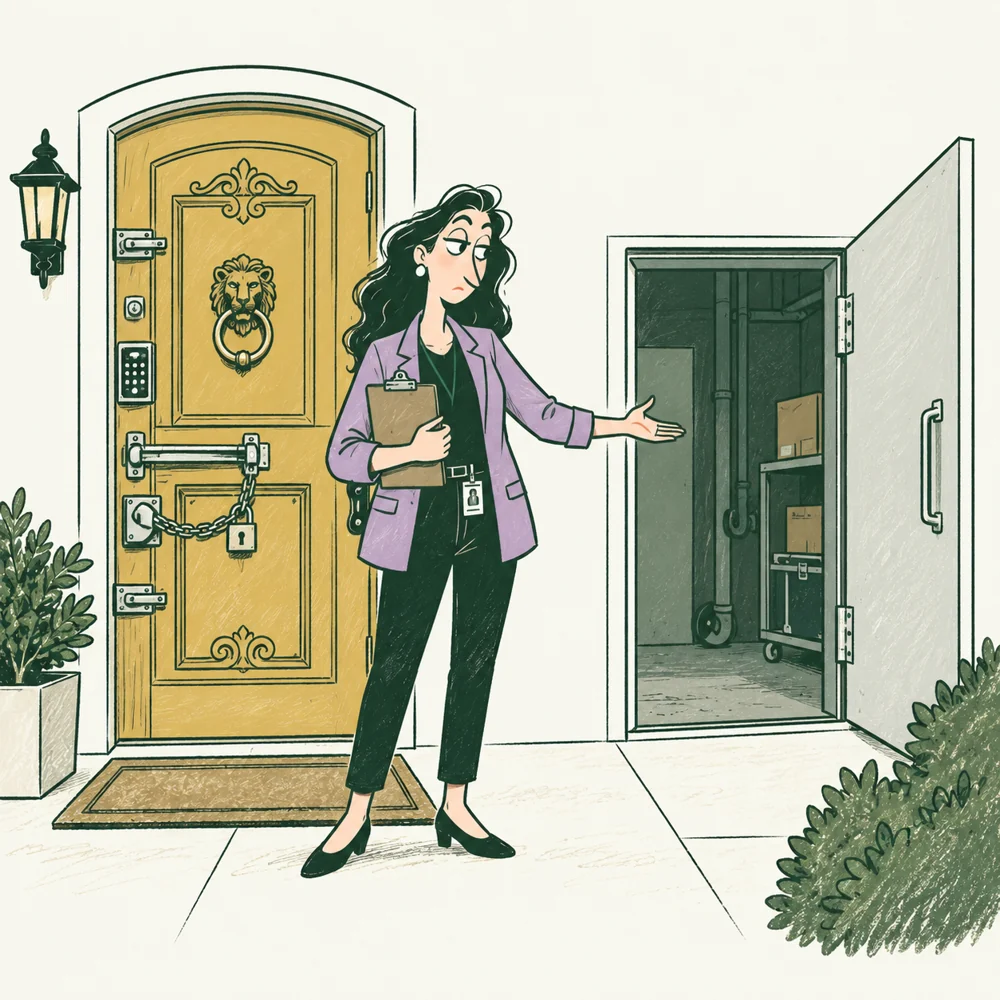 The Security Engineer finds an open side entrance beside a locked front door.