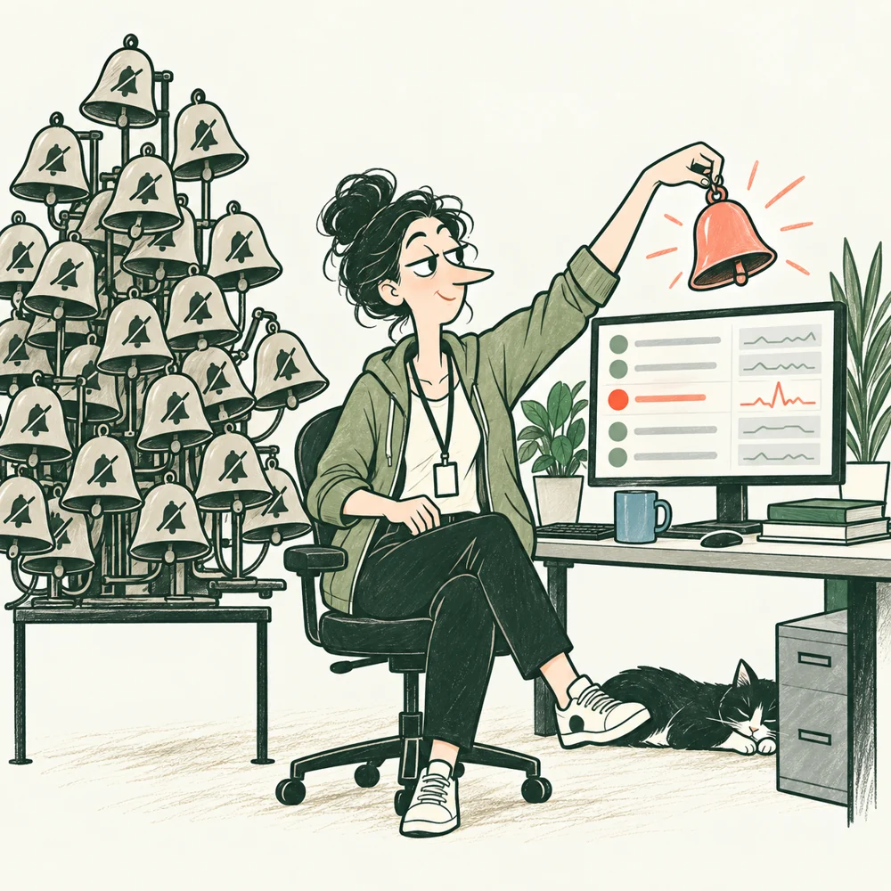 The Site Reliability Engineer chooses one actionable alarm from a tree of bells.