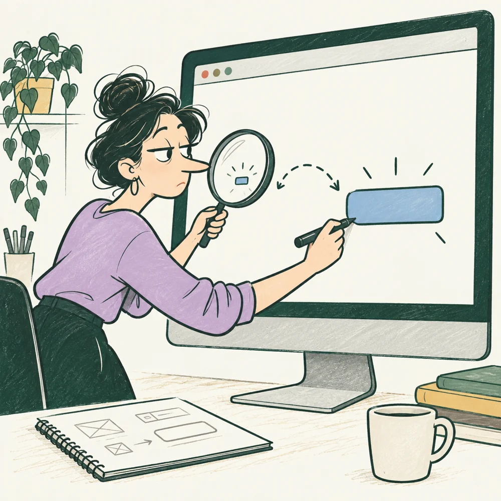 The UI Designer examines a tiny control and sketches a readable button.