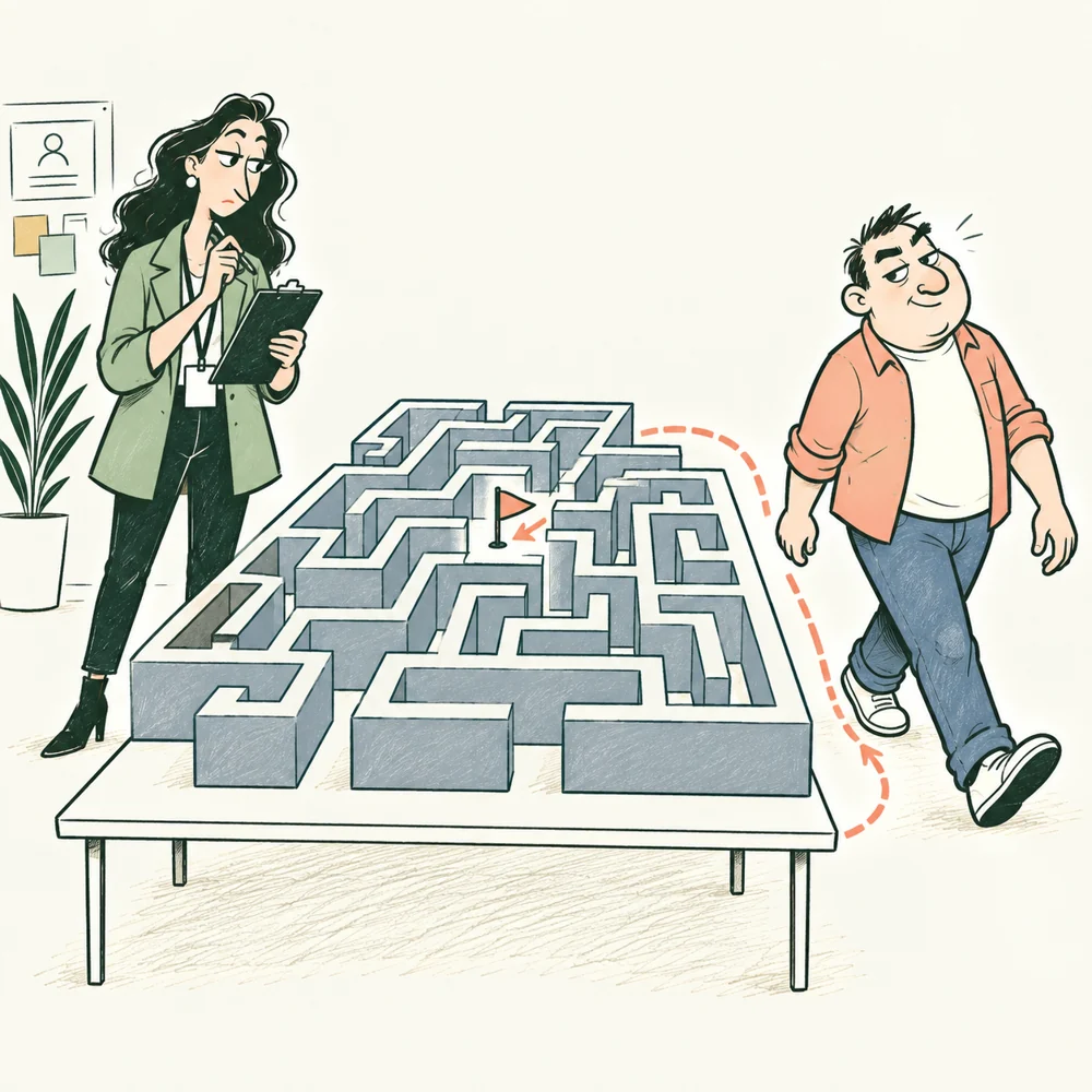 The User Researcher watches a participant take a shortcut around a complicated maze.