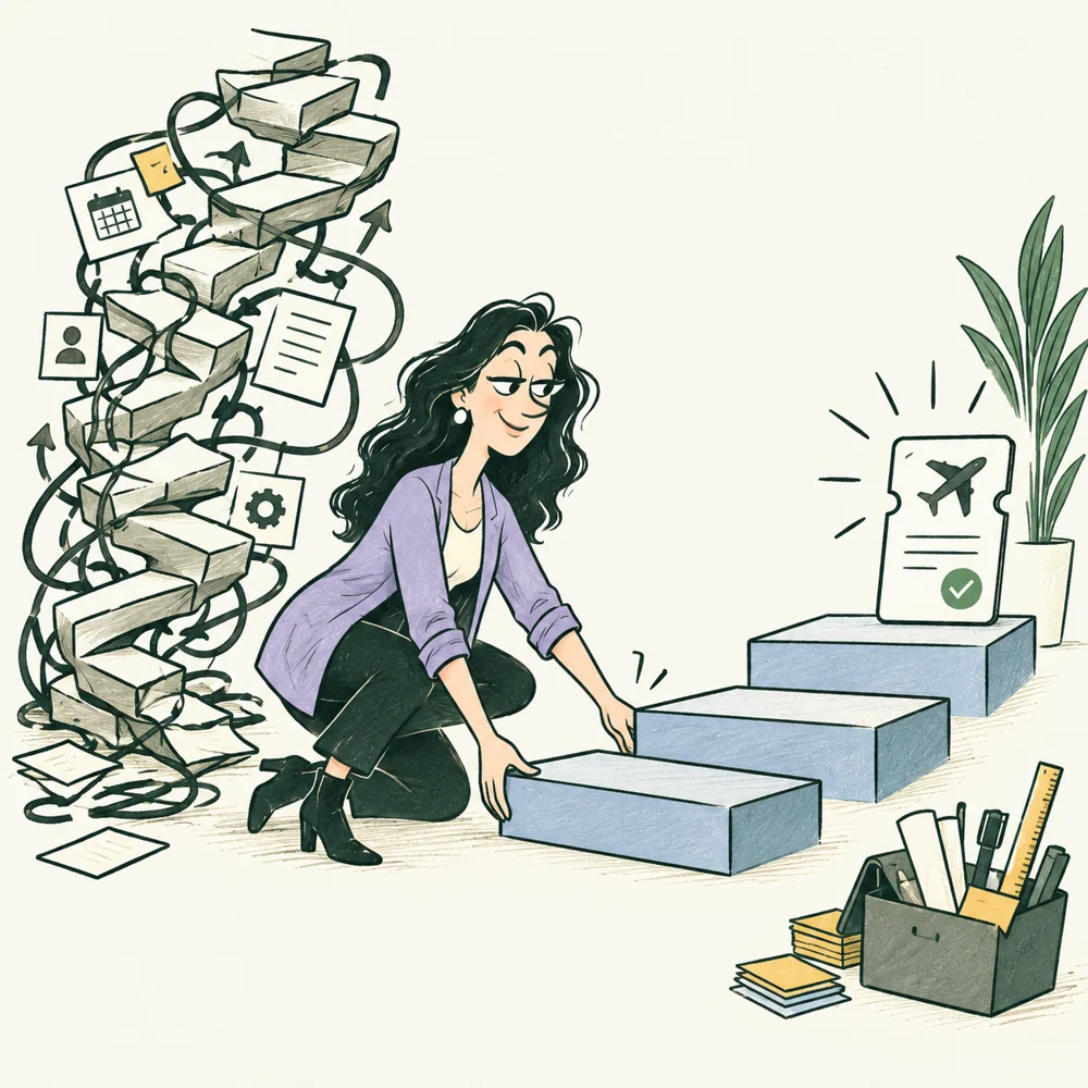 The UX Designer builds a short usable staircase beside an overcomplicated route.